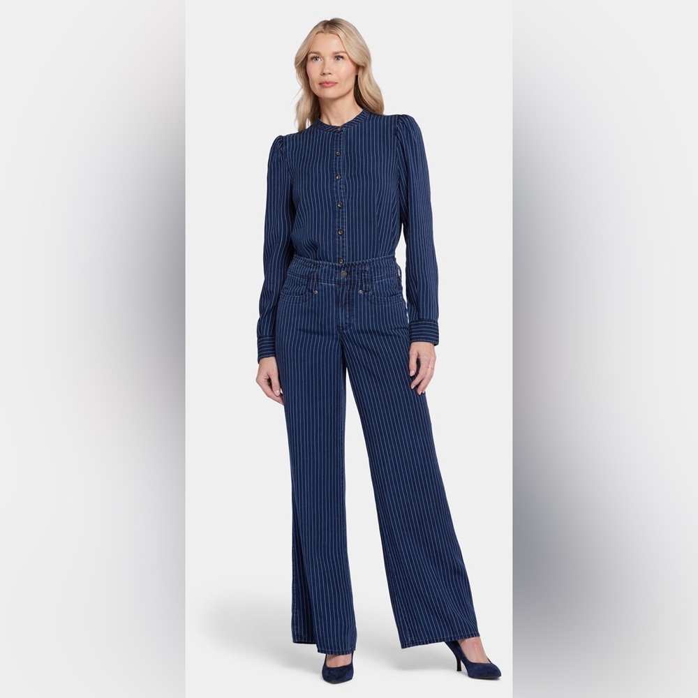 NYDJ Teresa Wide Leg Jeans Dark Blue Striped Premium Denim